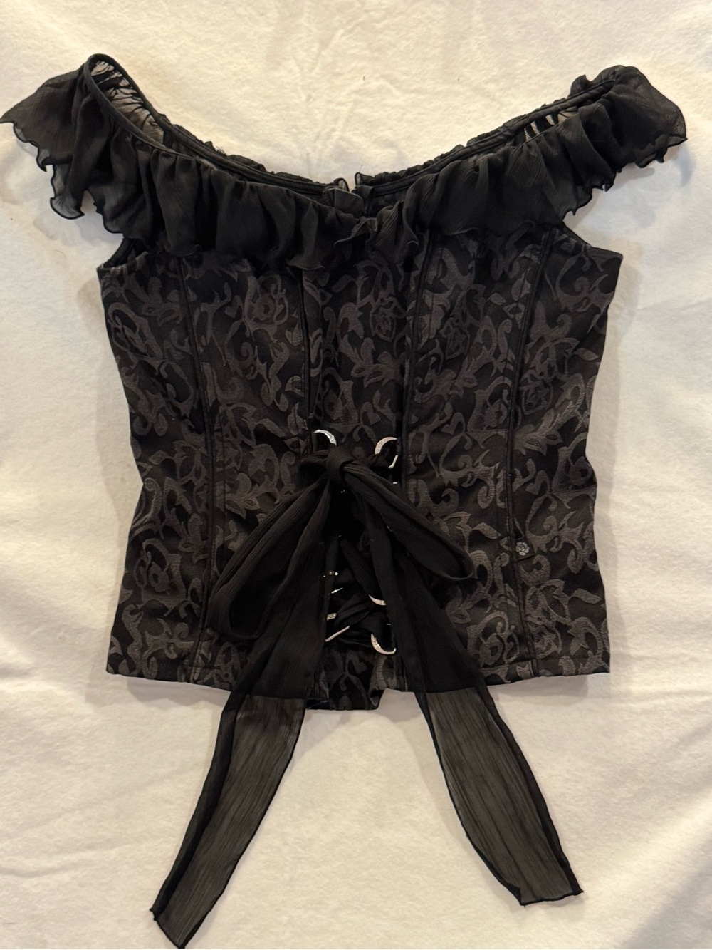 Tripp vintage Y2K NYC Black Off-Shoulder Lace-Up Corset Floral Bustier